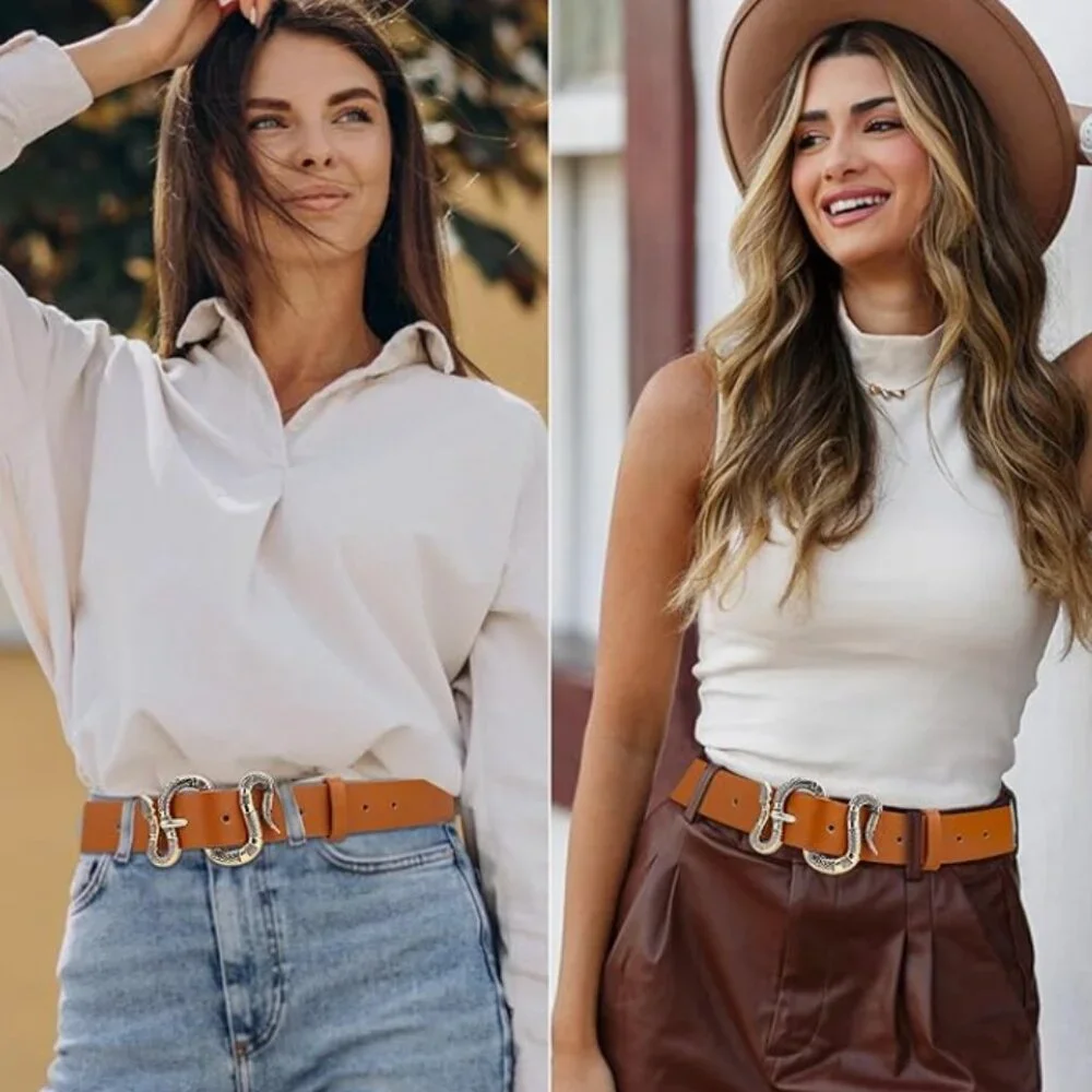 Leather Adjustable Western Snake Buckle Belt